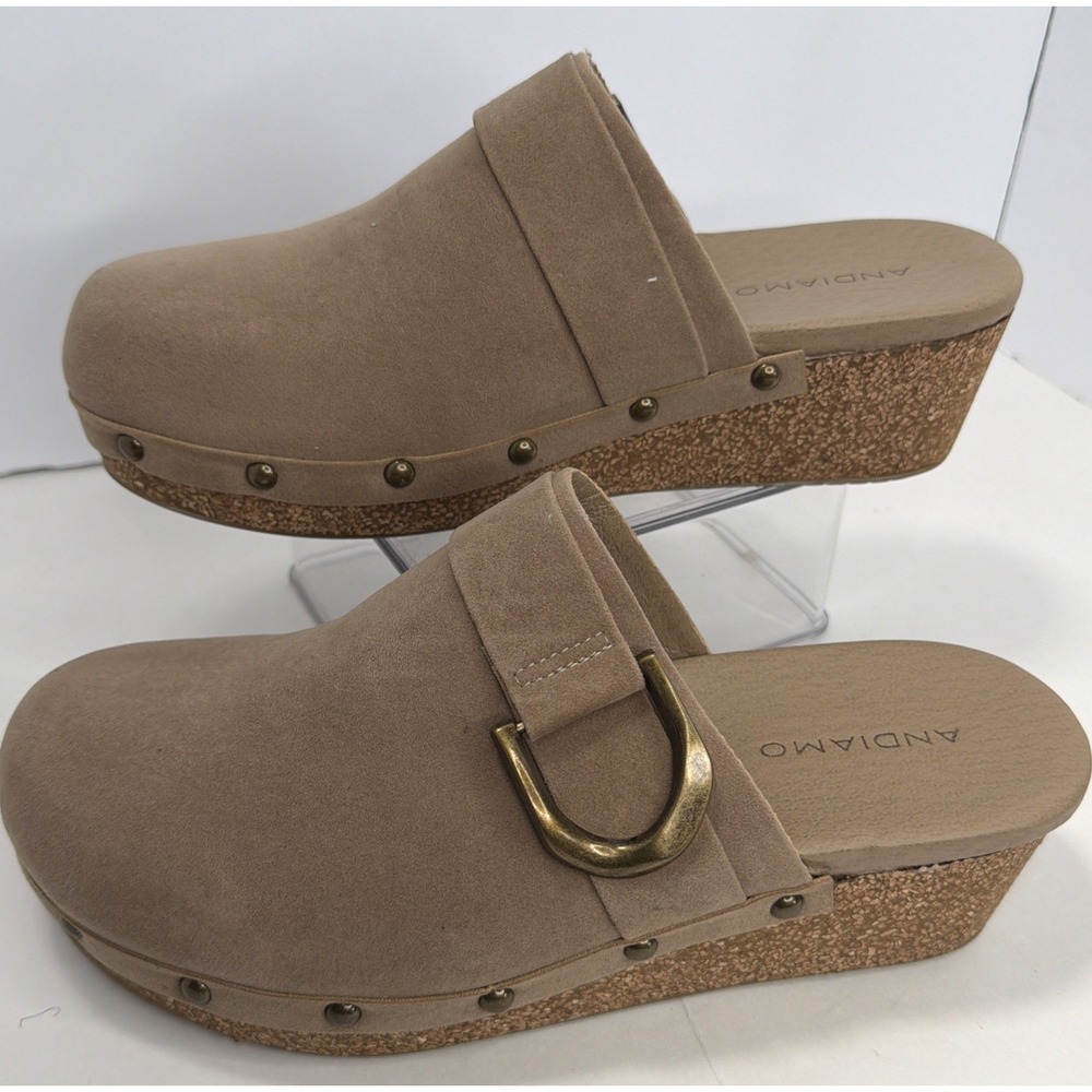Andiamo Women's 9.5 M Tan Faux Suede Cork Wedge Clogs Buckle Slip On Mules